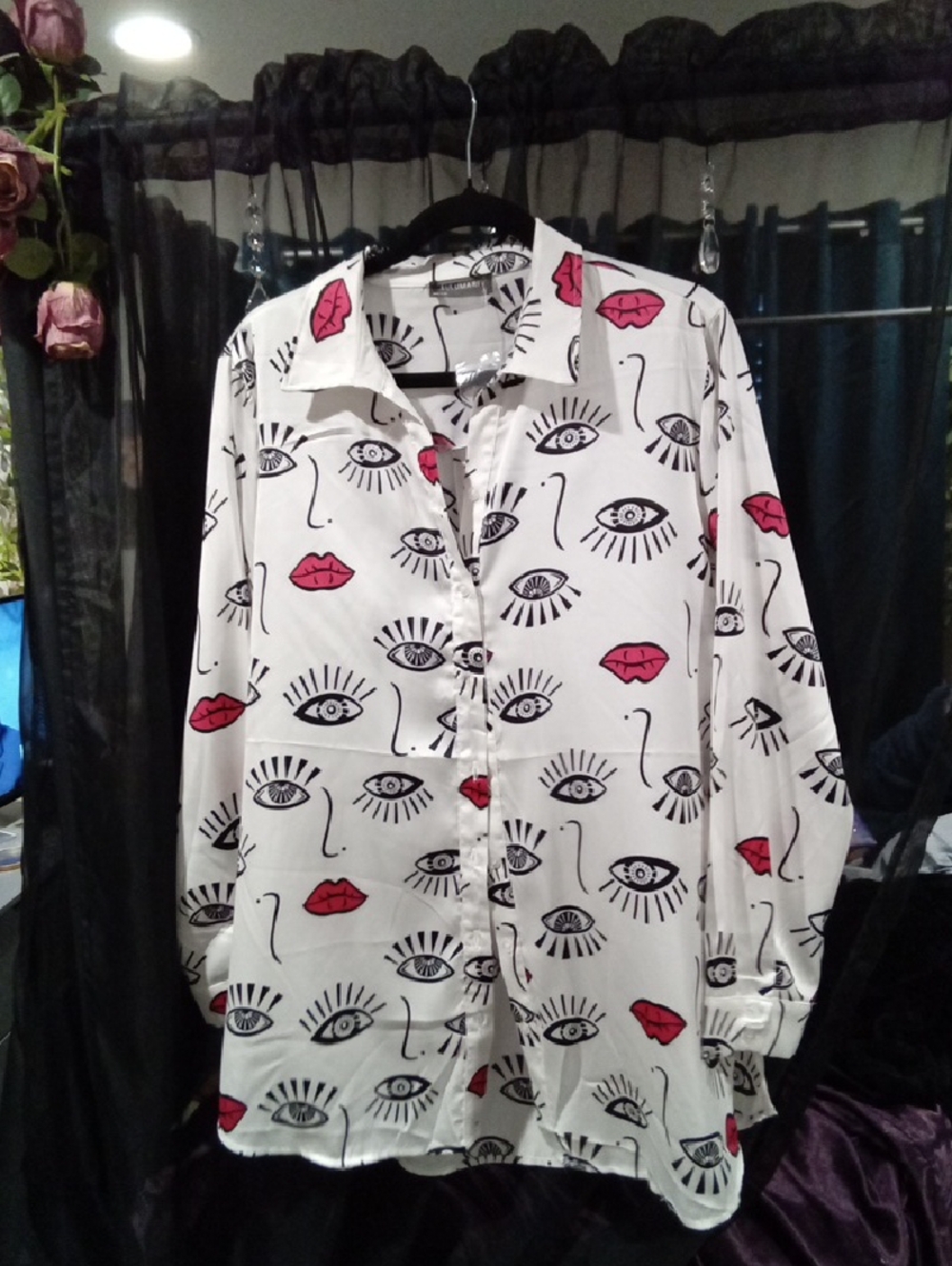 Lulumari White Button-Down Shirt with Black Eye & Red Lip Print